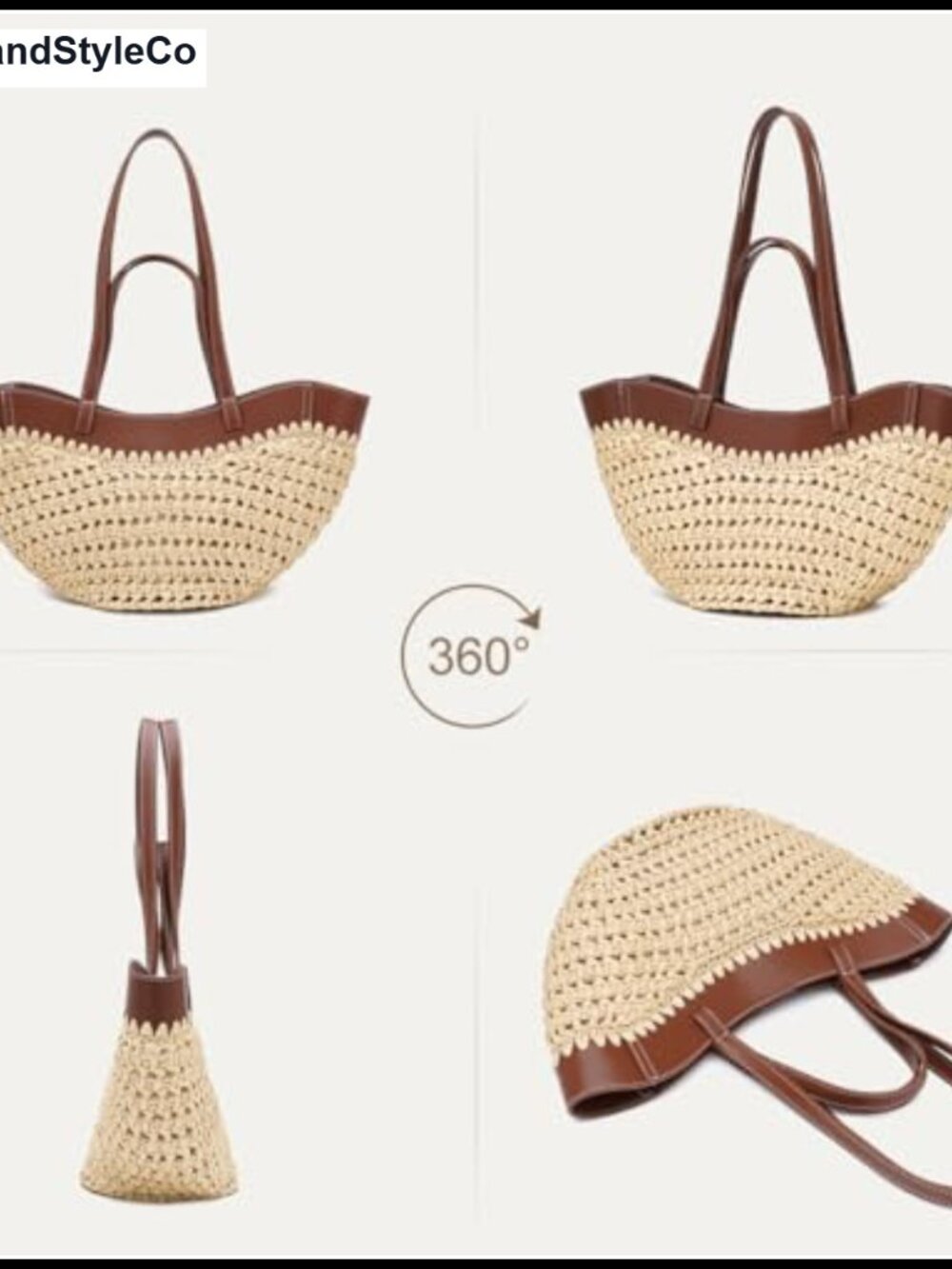 Straw Tote Bag Woven Beach Bag with Leather Trim Double Straps Handmade Mesh - Picture 3 of 6